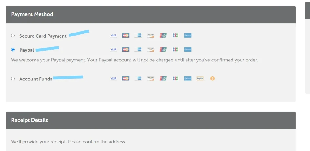 Select a Payment Method at namecheap
