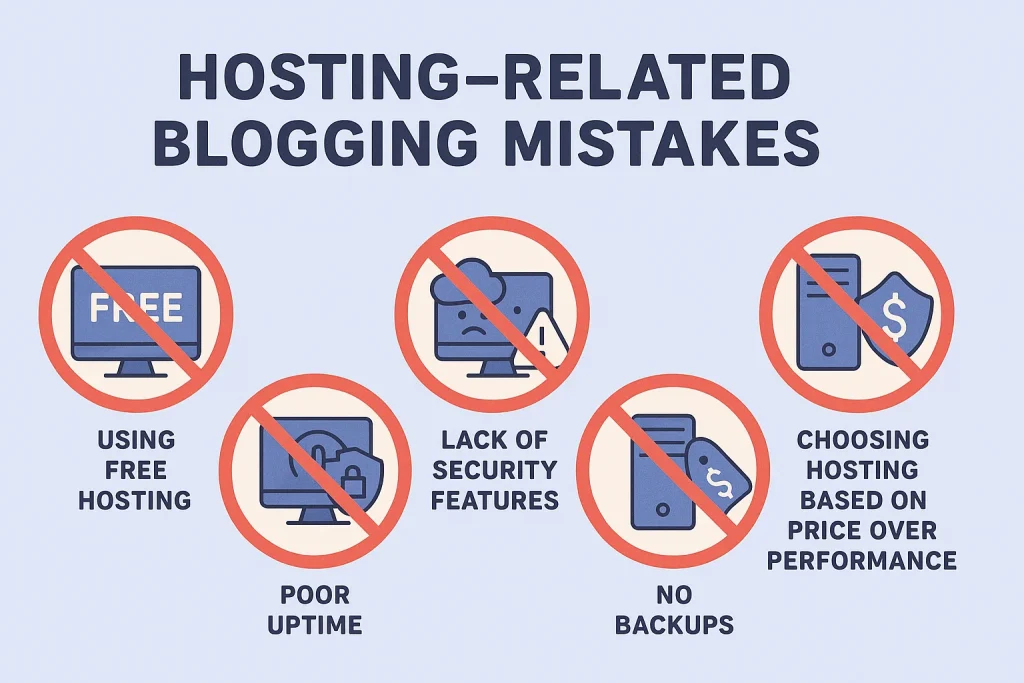 Infographic highlighting hosting-related blogging mistakes such as using free hosting, poor uptime, lack of security features, no backups, and choosing hosting based on price over performance