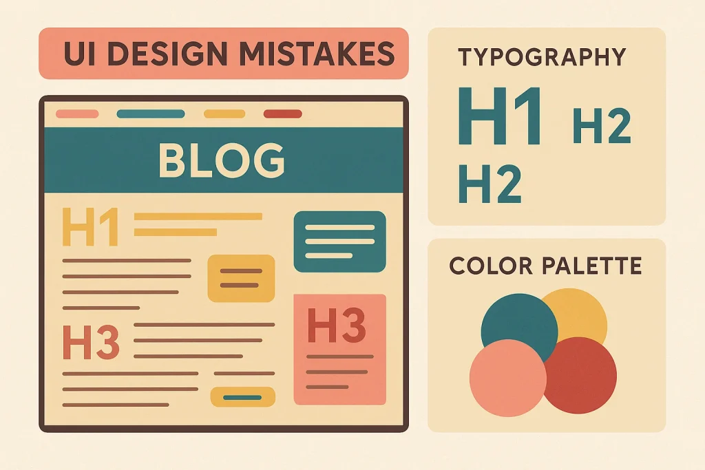 Example of poor blog design showing cluttered layout, inconsistent fonts, and chaotic color scheme