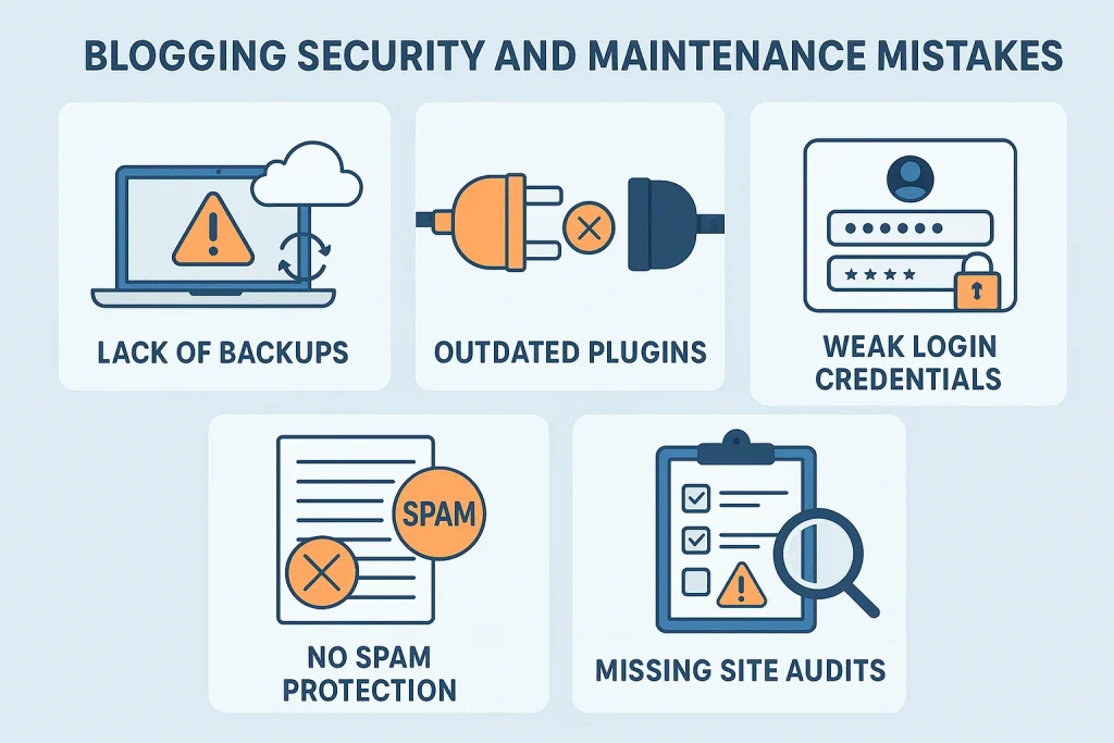 Visual representation of blogging security and maintenance mistakes including lack of backups, outdated plugins, weak login credentials, no spam protection, and missing site audits