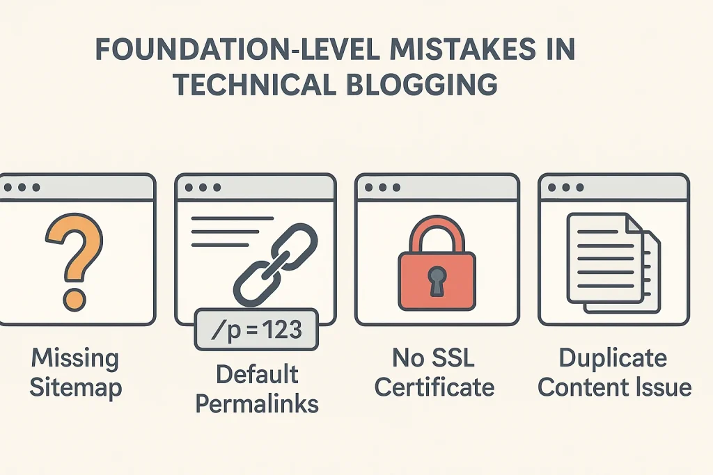 Illustration of technical blogging foundation-level mistakes including missing sitemap, broken links, default permalinks, no SSL certificate, and duplicate content issues