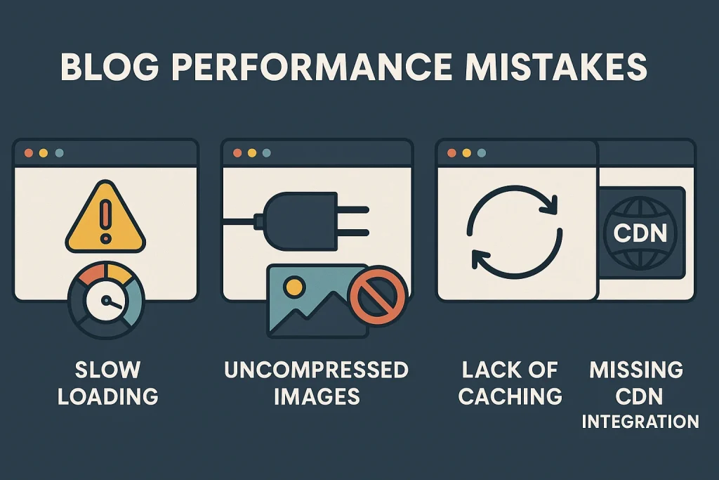 Visual summary of blog performance mistakes including slow loading, heavy plugins, uncompressed images, lack of caching, and missing CDN integration