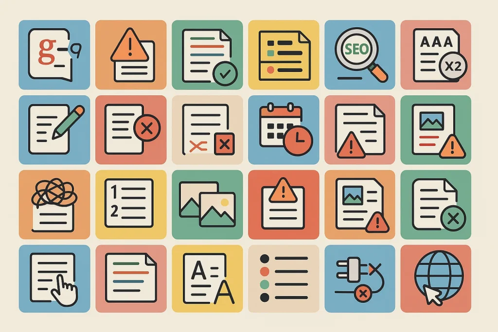 Infographic showing over 29 common content writing and editorial blogging mistakes with icons representing grammar issues, poor formatting, missed deadlines, keyword abuse, and content gaps