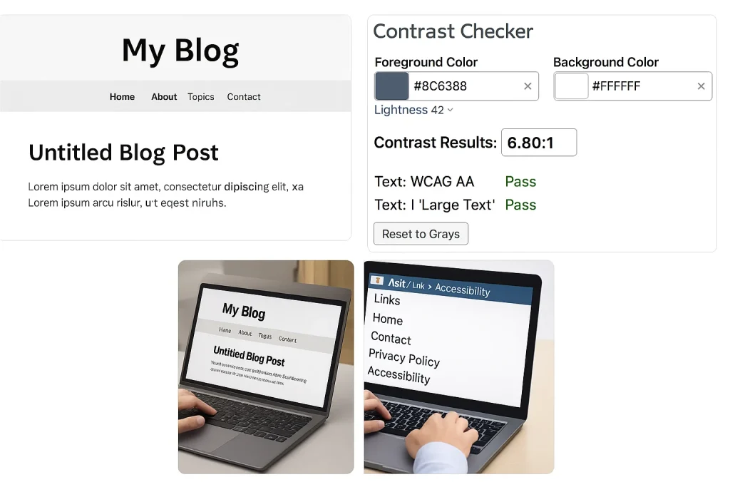 Blog design missing author bio and contact info, failing contrast check, and lacking screen reader accessibility
