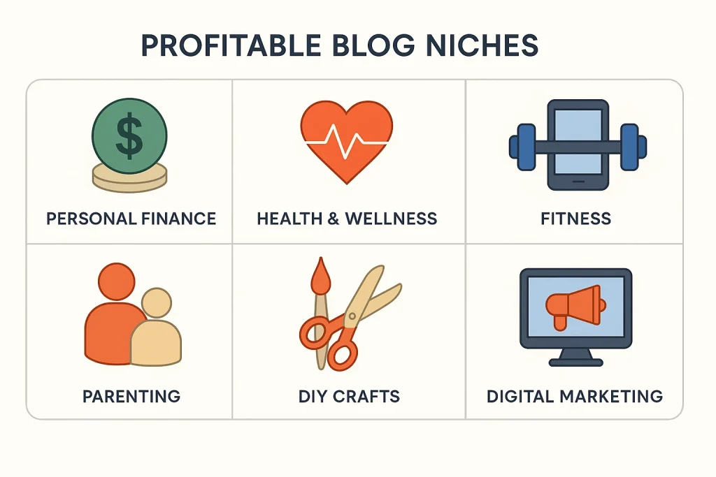 Infographic displaying examples of profitable blog niches like personal finance, health, fitness, tech, parenting, travel, and digital marketing with matching icons