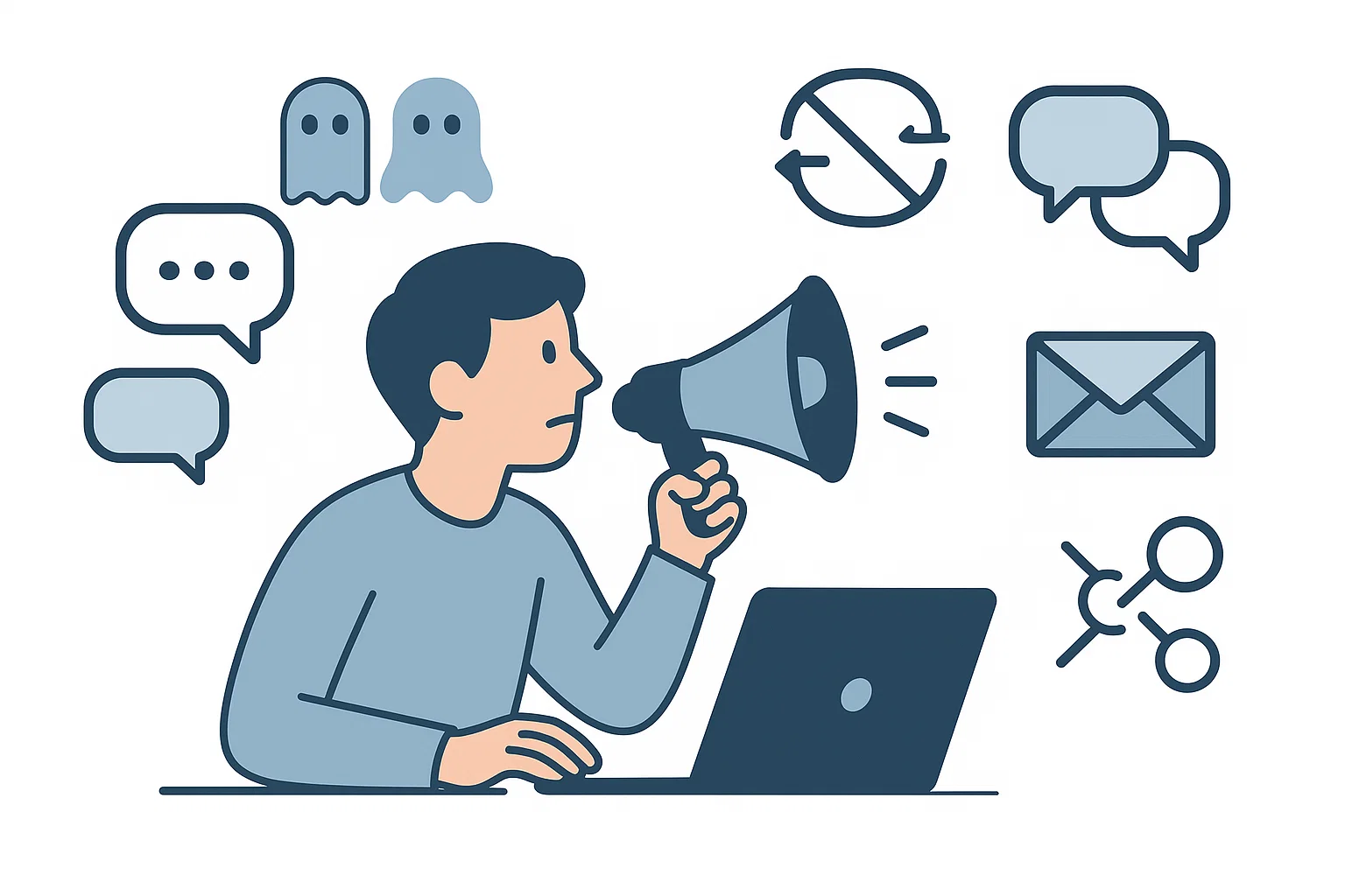 Illustration of blogging promotion and community building mistakes with icons showing lack of engagement, empty social shares, inactive followers, and missed outreach opportunities