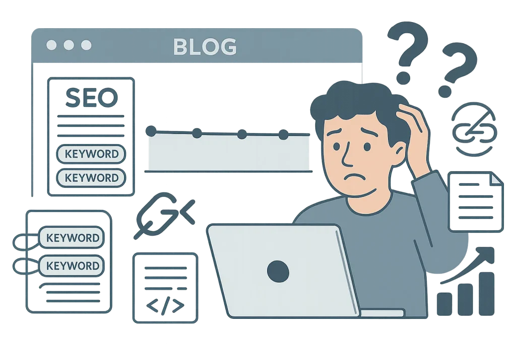 Illustration of SEO and traffic growth blogging mistakes including keyword stuffing, missing internal links, poor meta tags, and flat traffic charts on a blog dashboard