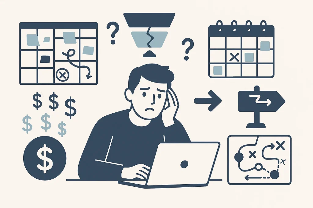 Illustration of strategic and business blogging mistakes showing misaligned goals, poor monetization planning, disorganized calendar, and weak content strategy flow