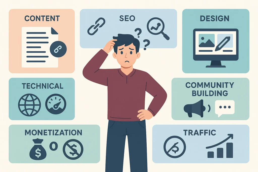 Illustration of 109 blogging mistakes grouped by categories such as content, SEO, design, traffic, and monetization, shown with icons and warning signs around a confused blogger